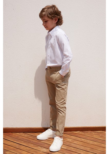 ALTINYILDIZ CLASSICS Bej Slim Fit Dar Kesim Yan Cepli Pamuklu Esnek Çocuk Chino Pantolon fırsatları