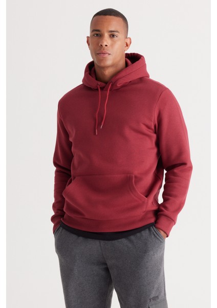 AC&Co / Altınyıldız Classics Erkek Bordo Standart Fit Içi Polarlı 3 Iplik Kapüşonlu Kanguru Cepli Pamuklu Sweatshirt