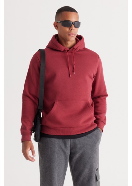 AC&Co / Altınyıldız Classics Erkek Bordo Standart Fit Içi Polarlı 3 Iplik Kapüşonlu Kanguru Cepli Pamuklu Sweatshirt