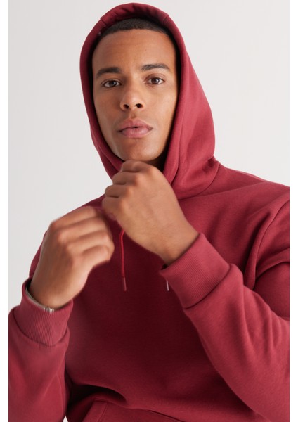 AC&Co / Altınyıldız Classics Erkek Bordo Standart Fit Içi Polarlı 3 Iplik Kapüşonlu Kanguru Cepli Pamuklu Sweatshirt