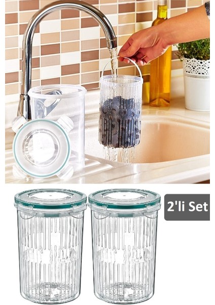 2'li Set Süzgeçli Zeytinlik - Zeytin Turşu Saklama Kabı 1,5 Lt