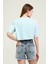 Buz Mavisi Baskı Detaylı Crop T-Shirt 4