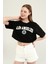 Siyah Baskı Detaylı Crop T-Shirt 1