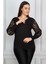 Kadın Büyük Beden Siyah Kolu Flok Tül Bluz 65N17976 1