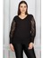 Kadın Büyük Beden Siyah Kolu Flok Tül Bluz 65N17976 4