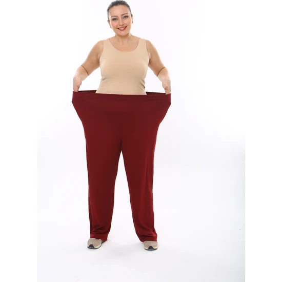 XL Modam Kadın Büyük Beden Türlü Viskon Baharlık Yazlık Bordo Pantolon