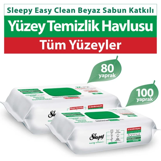 Sleepy Easy Clean Beyaz Sabun Katkılı Yüzey Temizlik Havlusu 100 Yaprak + Mopa Uyumlu 80 Yaprak