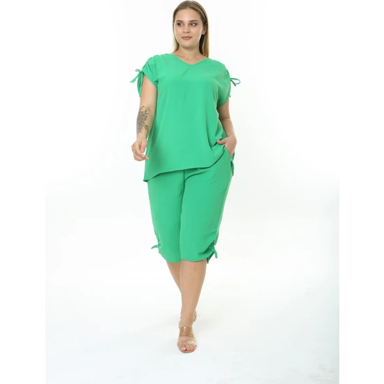 XL Modam Kadın Büyük Beden  Ayrobin Kumaş Yeşil  Kapri Takım