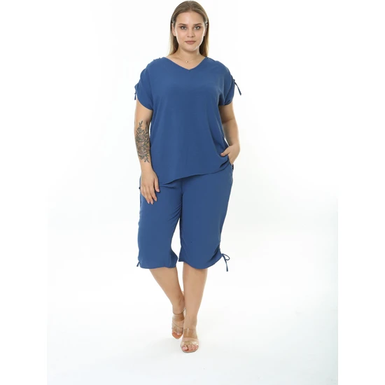 XL Modam Kadın Büyük Beden Ayrobin Kumaş Mavi  Kapri Takım