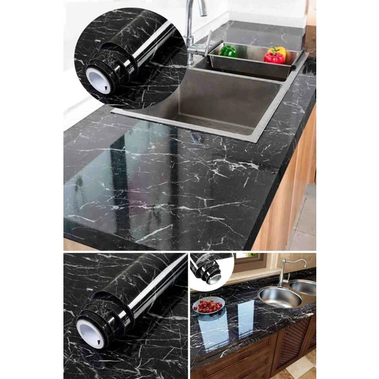 Yıldız One Mermer Desenli Masa Tezgah Mutfak Su Geçirmez Yapışkanlı Kaplama Kağıdı Folyo Sticker Siyah 5x0,6m