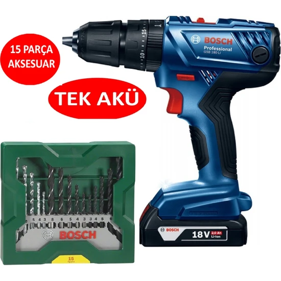 Bosch Tek Akülü Darbeli Matkap 18V Akülü Vidalama Şarjlı Matkap + Bosch 15 Matkap Ucu Seti