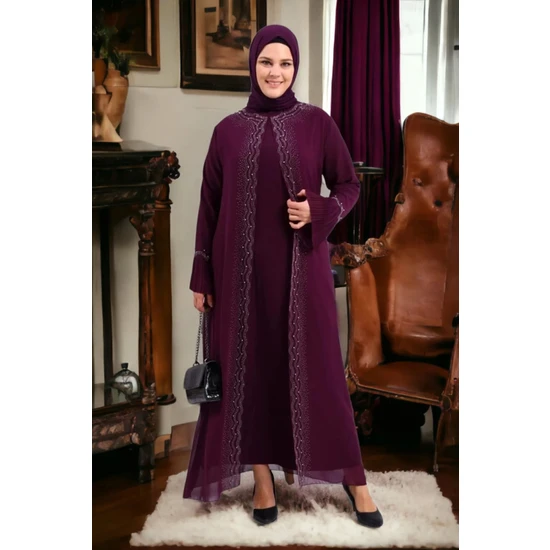 Esin Işık Kadın Büyük Beden Taşlı ve Inci Desenli Kolları Piliseli Anne Tesettür Abiye