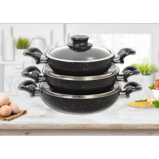 Asal Home Çift Kulp Kapaklı Siyah Gümüş Granit Omlet/Sahan Tava Seti 18+20+22 cm