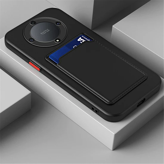 Fibaks Huawei Honor X9A Kılıf Kamera Korumalı Kartlıklı Cüzdanlı Kırmızı Tuşlu Siyah Silikon Kapak