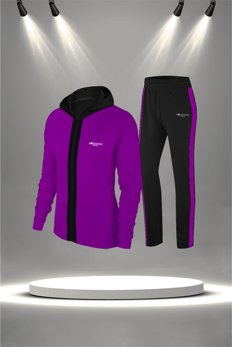 POSEIDON STORM Büyük Beden Kadın Mor Supra Penye Kumaş Her Mevsim Yürüyüş Koşu Eşofman Seti (4XL-10XL)