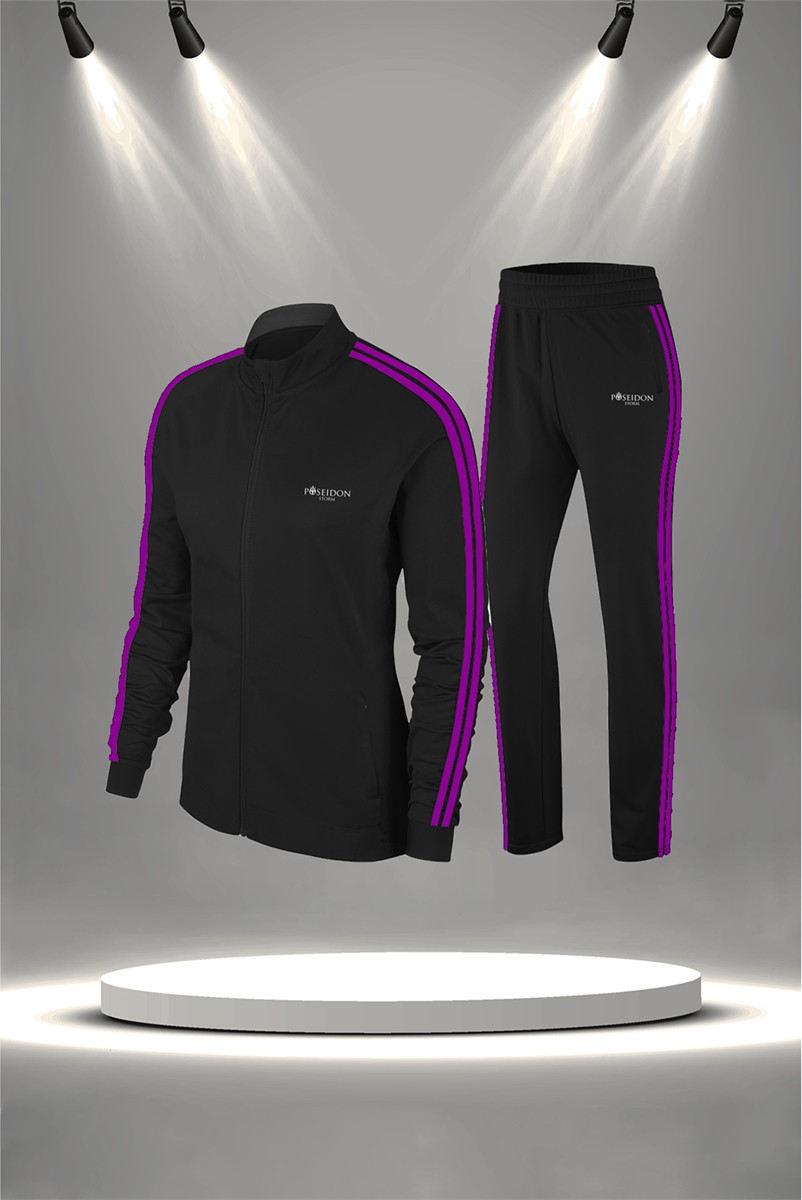 POSEIDON STORM Büyük Beden Kadın Siyah Supra Penye Kumaş Fit Regular Kalıp Yürüyüş Koşu Eşofman Seti (4XL-10XL)
