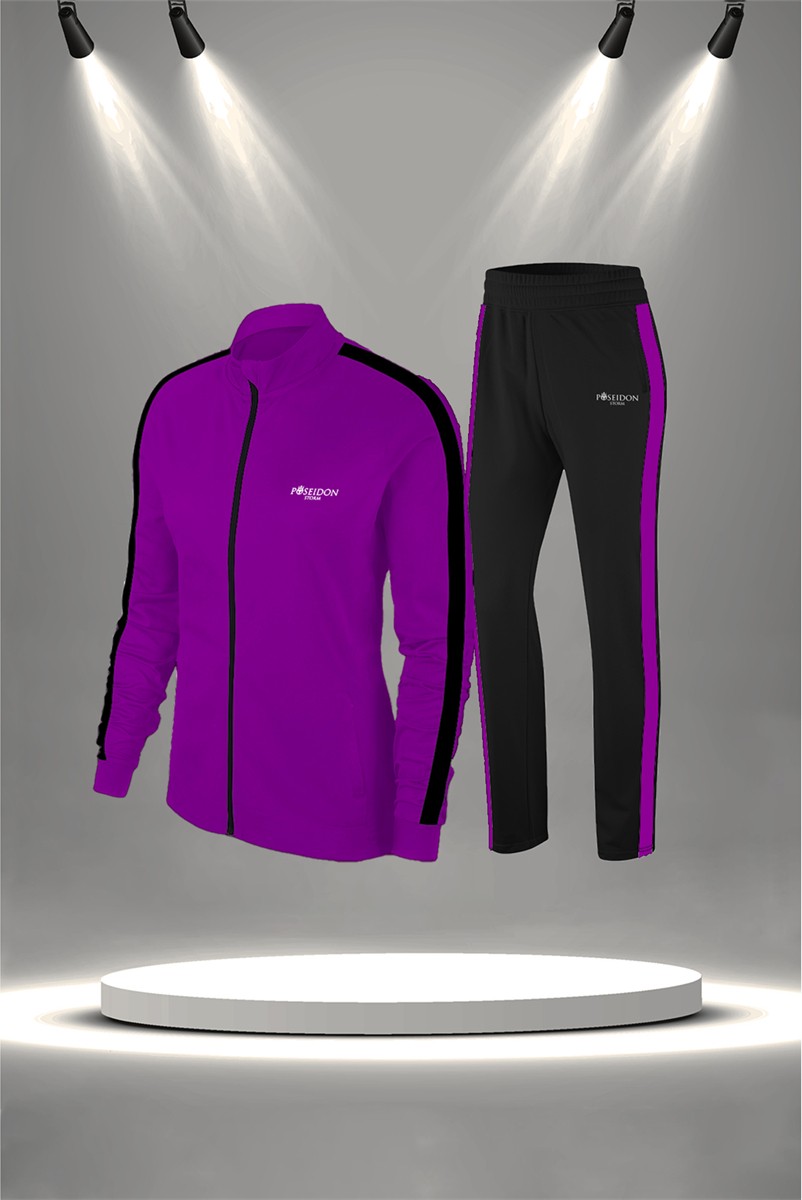 POSEIDON STORM Büyük Beden Kadın Mor Supra Penye Kumaş Yürüyüş Antrenman Fitness Eşofman Seti (4XL-10XL)