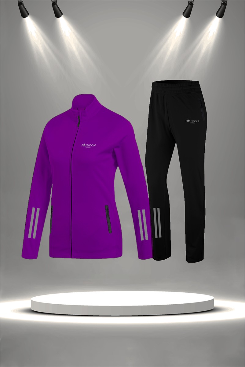 POSEIDON STORM Büyük Beden Kadın Mor Supra Penye Kumaş Rahat Yürüyüş ve Koşu Sporcu Seti (4XL-10XL)