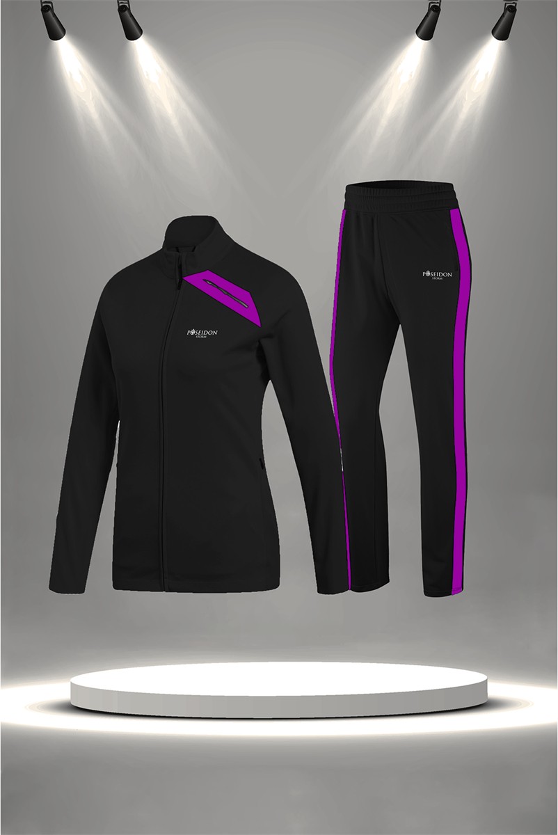 POSEIDON STORM Büyük Beden Kadın Siyah Supra Penye Kumaş Rahat Fermuarlı Koşu Takımı (4XL-10XL)