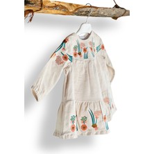 Simore ~ Kız Bebek Krem Keten Uzun Kollu Nakış Işlemeli Elbise