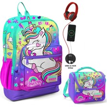 Coral High Su Yeşili Lavanta Unicorn Okul ve Beslenme Çantası Seti - USB Soketli - Kız Çocuk