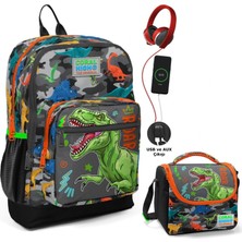 Coral High Gri Yeşil Dinazor Okul ve Beslenme Çantası Seti - USB Soketli - Erkek Çocuk