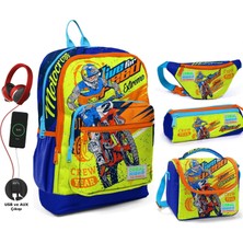 Coral High Sarı Mavi Motorsiklet USB Soketli Okul Çanta Seti ve Bel Çantası - Erkek Çocuk