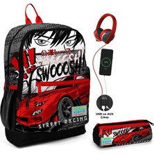 Coral High Siyah Kırmızı Araba USB Soketli Okul Çantası ve Kalemlik Seti - Erkek Çocuk