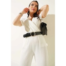 Hazelin Kadın Beyazbeli Lastikli V Yaka Deri Kemerli Örme Tulum HZL23S-BD170221