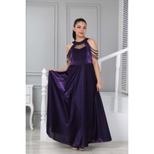 Asortix Kız Çocuk Uzun Mor Saten Abiye Gece Mezuniyet ELBISESI-ABY-0029