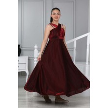 Asortix Kız Çocuk Uzun Bordo Saten Abiye Gece Mezuniyet ELBISESI-ABY-0029