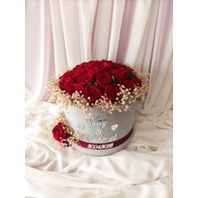 Destina Tasarım Battal Boy Gri Kadife Kutuda Kırmızı Gül Kız Isteme Çiçeği