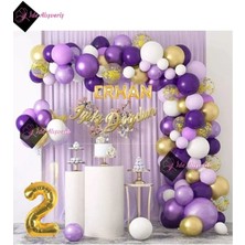 Bkmc 5 Harf Isimli Yaş Macaron Mor Balon Zinciri Seti Gölge Mor Altın Balon Dekorasyon