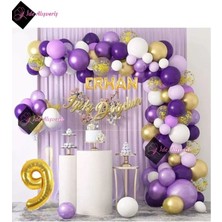 Bkmc 5 Harf Isimli Yaş Macaron Mor Balon Zinciri Seti Gölge Mor Altın Balon Dekorasyon
