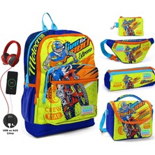 Coral High Sarı Mavi Motorsiklet USB Soketli Beşli Okul Çantası Seti - Erkek Çocuk