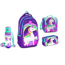 Coral High Lacivert Unicorn Desenli Beslenme Okul Çantası Kalemlik + Matara