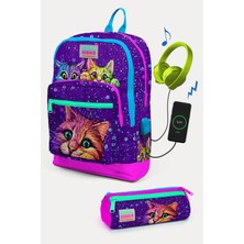 Coral High Kids Mor Pembe Kedi Desenli Usb'li 2'li Okul Çanta Seti SET0223832
