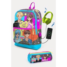 Coral High Kids Gri Mavi Pembe Anime Desenli Usb'li 2'li Okul Çanta Seti SET0223837