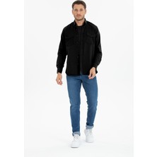 Varetta Erkek Siyah Çift Cepli Likralı Klasik Kesim Uzun Kollu Kot Gömlek