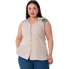 Disentis Modest Büyük Beden Halter Yaka Kolsuz Taş Rengi Gömlek