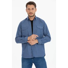 Varetta Erkek Mavi Çift Cepli Likralı Klasik Kesim Uzun Kollu Kot Gömlek