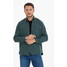 Varetta Erkek Yeşil Çift Cepli Likralı Klasik Kesim Uzun Kollu Kot Gömlek