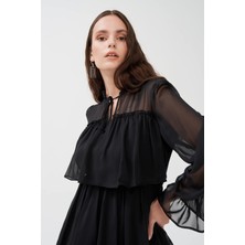 Volanlı Siyah Şifon Elbise