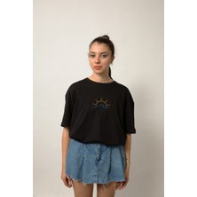 Planet X Wear Oversize Nakışlı Pamuk Siyah Tişört
