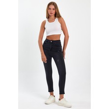 Tref Jns Siyah Yırtık Yüksek Bel Dar Paça Skinny Power Likralı Kot Pantalon Siyah-Trefjeans-4