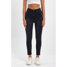 Tref Jns Siyah Yırtık Yüksek Bel Dar Paça Skinny Power Likralı Kot Pantalon Siyah-Trefjeans-4