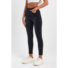 Tref Jns Siyah Yırtık Yüksek Bel Dar Paça Skinny Power Likralı Kot Pantalon Siyah-Trefjeans-4