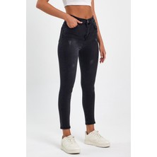 Tref Jns Siyah Yırtık Yüksek Bel Dar Paça Skinny Power Likralı Kot Pantalon Siyah-Trefjeans-4