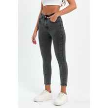 Tref Jns Gri Yüksek Bel Dar Paça Skinny Power Likralı Kot Pantalon Trefjeans-6-Gri