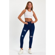 Tref Jns Mavi Yırtık Yüksek Bel Dar Paça Skinny Power Likralı Kot Pantalon Mavi-Yırtık-Trefjeans-5